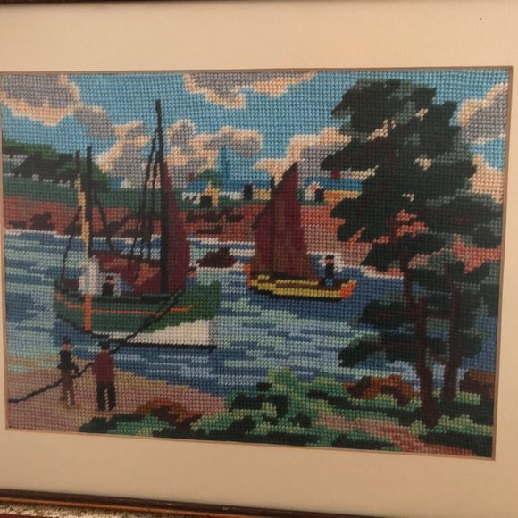 Needlework embroidery yarn art picture boat tree water people landscape - Picture 2 of 7